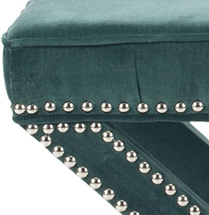 SAFAVIEH Home Collection Palmer Marine with Silver Nailhead Trim X-Bench Ottoman Foot Stool, Fully Assembled (MCR4589U)