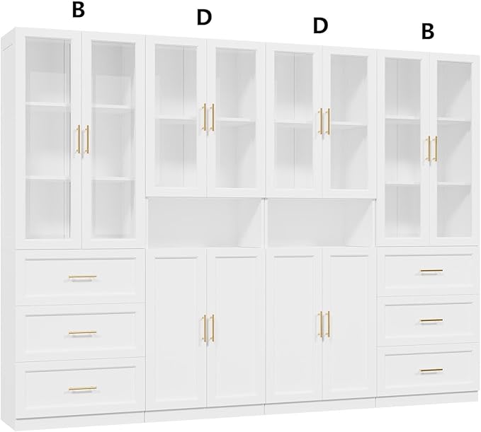 VOWNER Bookcase with Glass Doors & Drawers, 5 Tier Bookshelf with Adjustable Shelf, Modern Large Storage Display Cabinet Set for Home Office, Living Room, White (BDDB)