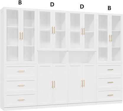 VOWNER Bookcase with Glass Doors & Drawers, 5 Tier Bookshelf with Adjustable Shelf, Modern Large Storage Display Cabinet Set for Home Office, Living Room, White (BDDB)