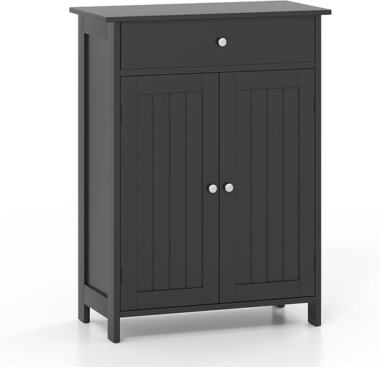 Tangkula Bathroom Storage Cabinet, Freestanding Floor Organizer w/ 2 Doors, 1 Drawer & 1 Adjustable Shelf, Modern Home Bathroom Furniture for Living Room Entryway Kitchen (Cabinet & Drawer, Black)