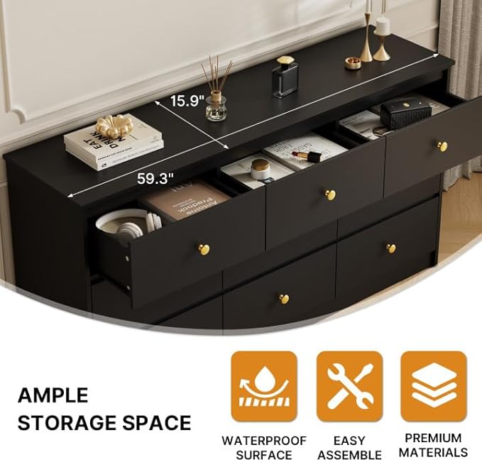 9 Drawer Dresser for Bedroom, 59" Wide Black Chest of Drawers, Wooden Dresser with 9 Drawers with Ample Storage, Modern Storage Organizer for Hallway,Nursery