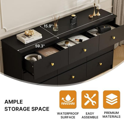 9 Drawer Dresser for Bedroom, 59" Wide Black Chest of Drawers, Wooden Dresser with 9 Drawers with Ample Storage, Modern Storage Organizer for Hallway,Nursery