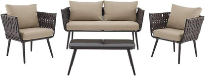 Barton 4 Piece Bistro Sofa Set w/Cushions Coffee Table Outdoor Patio Wicker Rattan Furniture Space Saving