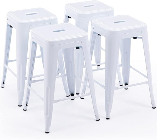 Vogue Furniture Direct 24" Bar Stools White Backless Metal Barstools Indoor-Outdoor Counter Height Stools with Square Seat, Set of 4 - VF1571004-4