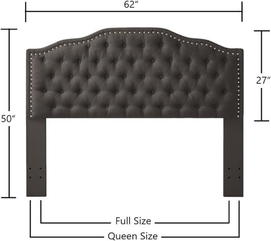 24KF Upholstered Button Tufted Queen Headboard with Nailhead Trim, Elegant Boucle Fabric Full headboard, 6031-Q-Boucle-Dark Green