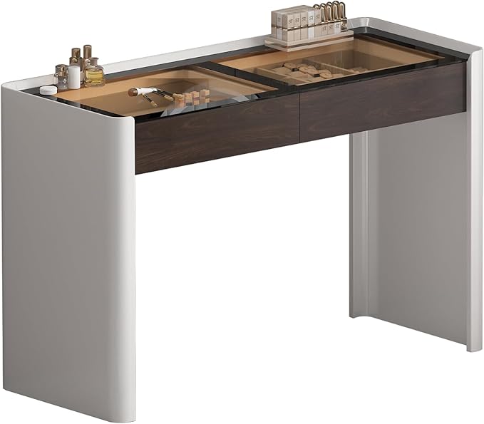 Makeup Vanity Desk with HD Lighted Mirror, 47-Inch Modern Vanity Desk with Mirror and Lights, Featuring 2 Drawers, Lacquer Finish, and Tempered Glass Top for Bedroom (2)