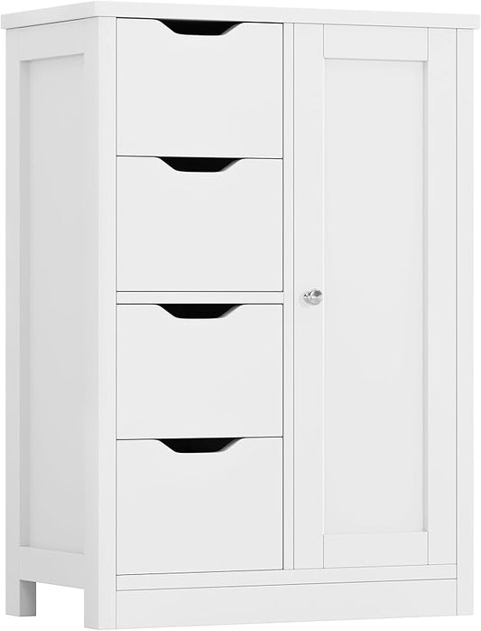 Shintenchi Bathroom Floor Storage Cabinet, Wooden Storage Organizer with 4 Drawers and 1 Cupboard, Freestanding Bathroom Furniture, Home Storage Unit with Adjustable Shelf, White