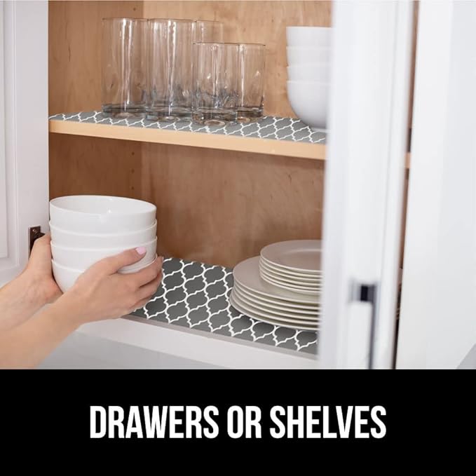 GORILLA GRIP Slip Resistant Drawer and Shelf Liner 2 Pack, Non Adhesive Water Resistant, Easy Clean and Trim, Smooth Surface Liners for Kitchen Cabinet Shelves Drawers Pantry 12 IN x 20 FT, White Gray