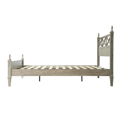 Queen Size Platform Bed Frame with Solid Wood Headboard & Footboard, Metal Legs, 12 Durable Slatted Base, No Box Spring Needed, Easy Assembly, Noise-Free & Anti-Slip, Weathered Gray Oak Finish, RIQ-34