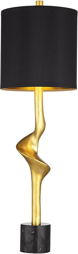 Possini Euro Design Minerva 32" Tall Modern Glam Luxe End Table Lamps Set of 2 Sculptural Gold Leaf Black Shade Living Room Bedroom Bedside Nightstand Office Home Reading Kitchen Entryway Console