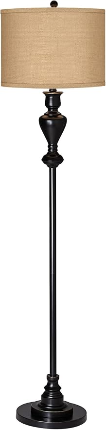 Possini Euro Design Country Cottage Floor Lamp Standing 58" Tall Black Bronze Metal Soft Gold Edging Real Woven Burlap Fabric Drum Shade for Living Room Reading Bedroom Office House Home Decor