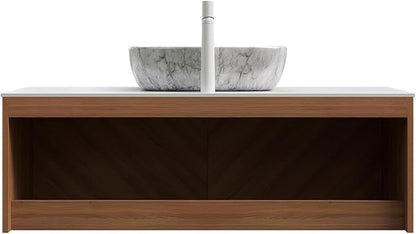 48 Inch Bathroom Vanity with Sink, Floating Fluted Vanity with Vessel Sink, Modern Wall Mounted Bathroom Vanity Cabinet with 2 Doors, Oval Marble Vessel Ceramic Sink & Sintered Stone Top, Oak