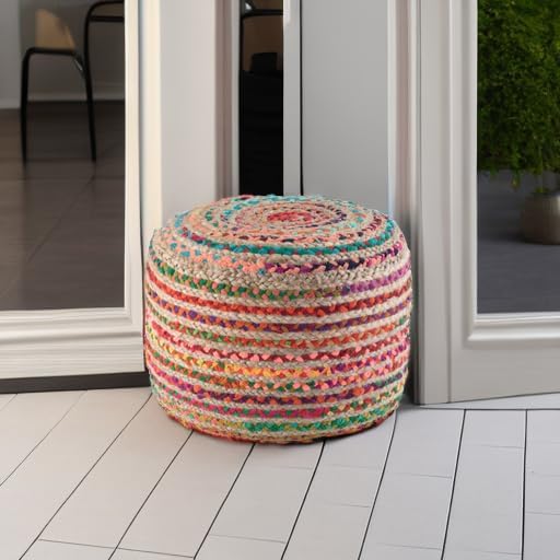 SIMPLIHOME Margo Boho Round Pouf in Multi Color Braided Jute for the Living Room, Bedroom and Kids Room
