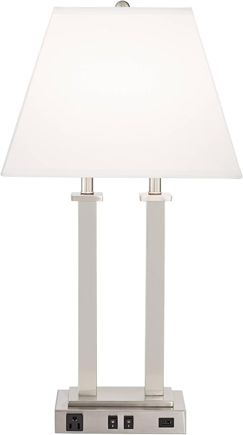 Possini Euro Design Amity Modern Table Lamp 26" High with USB and AC Power Outlet in Base Brushed Nickel White Linen Hardback Shade for Bedroom Living Room House Home Desk Bedside Nightstand Office