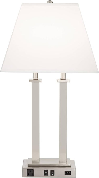 Possini Euro Design Amity Modern Table Lamp 26" High with USB and AC Power Outlet in Base Brushed Nickel White Linen Hardback Shade for Bedroom Living Room House Home Desk Bedside Nightstand Office