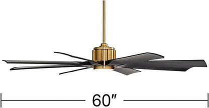 Possini Euro Design 60" Defender Modern Outdoor Ceiling Fan with LED Light Remote Control Soft Brass Matte Black Damp Rated for Patio Exterior House Home Porch Gazebo Garage Barn