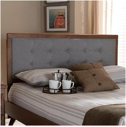 Mid-Century Marvel Fabric Upholstered Walnut Brown Finished Wood Headboard, Wall Mount Headboard King/Light Gray