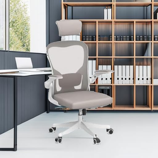 Monhey Office Chair Ergonomic Desk Chair with Lumbar Support&Headrest&Flip-up Arms Height Adjustable Rocking Swivel High Back Computer Chair Warm Taupe Mesh Study Chair (02White+Khaki)