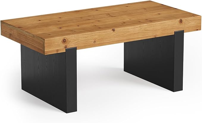 LITTLE TREE Solid Wood Coffee Table, 47.2" Center Table for Living Room, Black and Wood Two-Tone Modern Coffee Table, Rectangle Farmhouse Living Room Table for Bedroom, Easy Assembly, Rustic Natural
