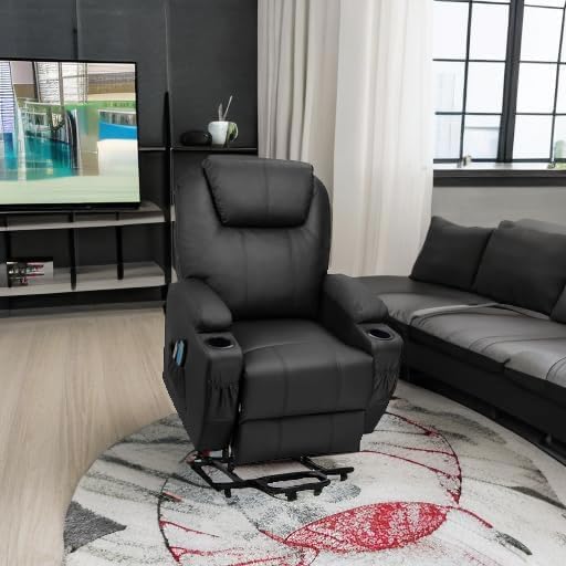 Flamaker Power Lift Recliner Chair Electric Lift Recliner for Elderly Power Lift Recliner Chair with Cup Holders Side Pockets for Living Room (Leather, Dark Black)