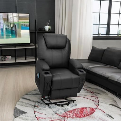 Flamaker Power Lift Recliner Chair Electric Lift Recliner for Elderly Power Lift Recliner Chair with Cup Holders Side Pockets for Living Room (Leather, Dark Black)