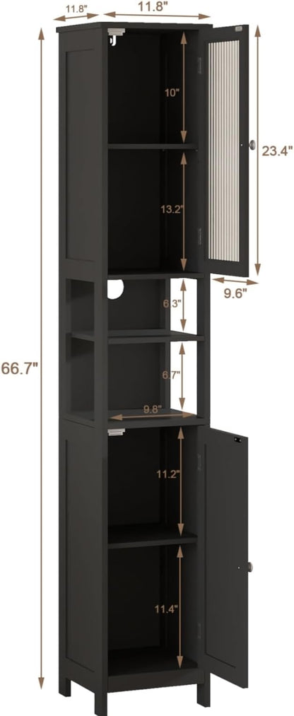 ChooChoo Tall Bathroom Storage Cabinet with Light，5-Tier Narrow Bathroom Cabinet with 2 Doors, Slim Storage Linen Cabinet Freestanding with Adjustable Shelves for Space Saving, Black