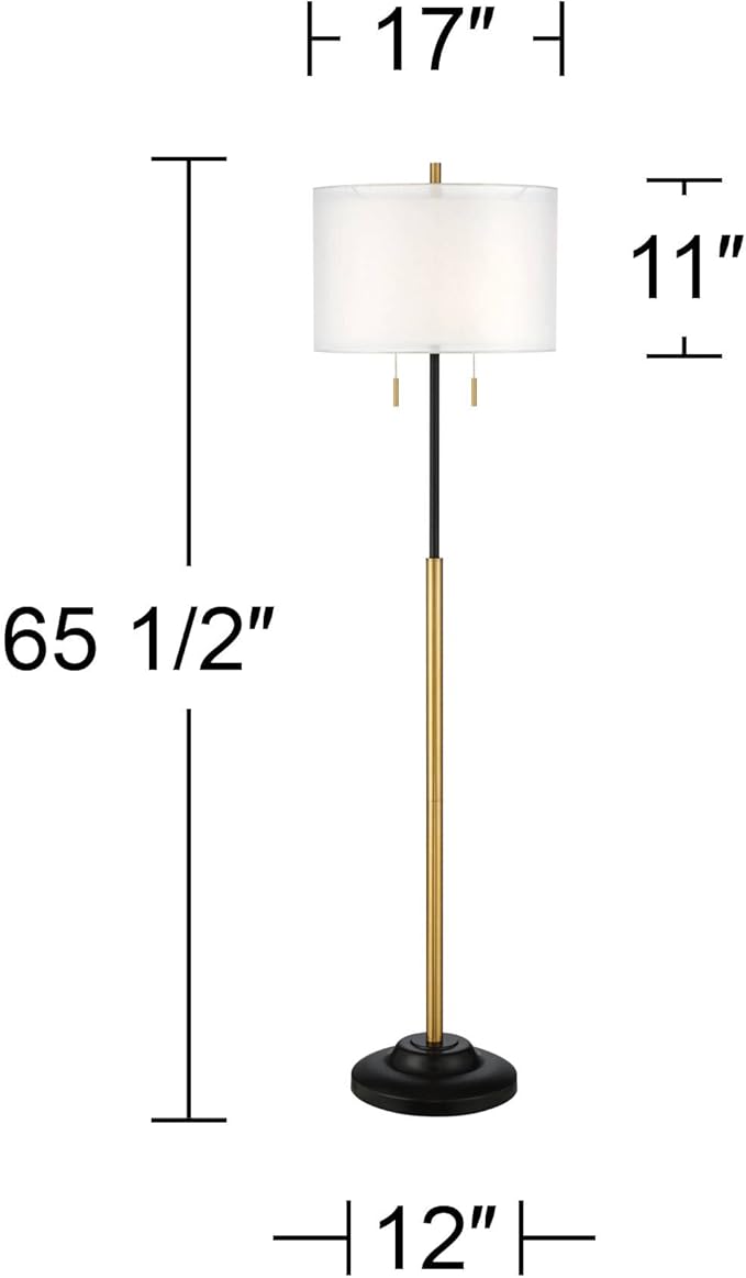Possini Euro Design Roxie Modern Glam Floor Standing Lamp 65.5" Tall Sleek Brass Black Metal Double Layer Linen and Sheer Drum Shade Decor for Living Room Reading House Bedroom Home