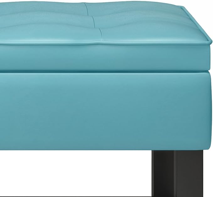 SIMPLIHOME Cosmopolitan 44 inch Wide Transitional Rectangle Storage Ottoman Bench with Open Bottom in Soft Blue Vegan Faux Leather, Assembled for the Living Room and Bedroom