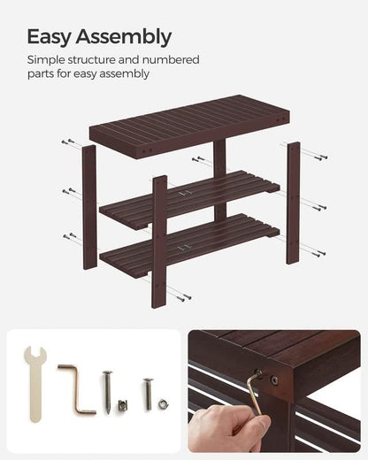 SONGMICS Shoe Rack Bench, 3-Tier Bamboo Shoe Storage Organizer, Entryway Bench, Holds Up to 286 lb, 11.3 x 27.6 x 17.8 Inches, for Entryway Bathroom Bedroom, Brown ULBS04Z
