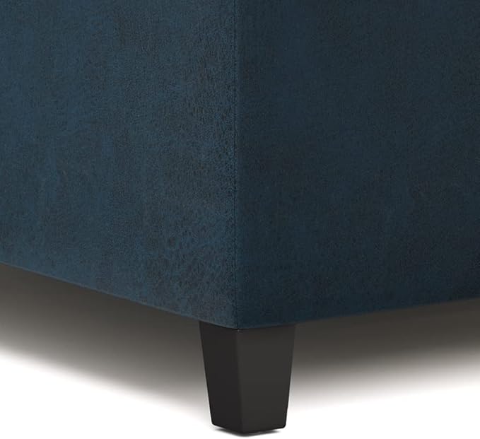 SIMPLIHOME Harrison 36 inch Wide Traditional Square Coffee Table Storage Ottoman in Distressed Dark Blue Vegan Faux Leather, Assembled, For the Living Room and Bedroom