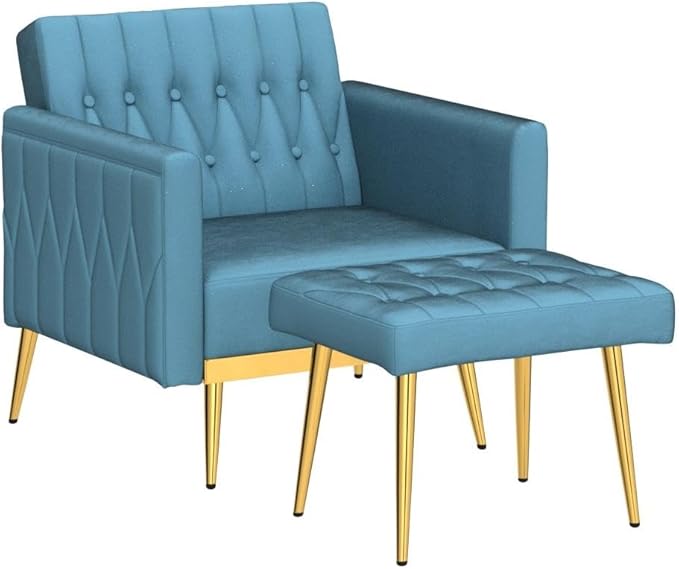 Velvet Accent Chair with Adjustable Armrests and Backrest, Button Tufted Lounge Chair, Single Recliner Armchair with Ottoman and Pillow for Living Room, Bedroom, Baby Blue