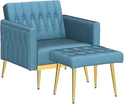 Velvet Accent Chair with Adjustable Armrests and Backrest, Button Tufted Lounge Chair, Single Recliner Armchair with Ottoman and Pillow for Living Room, Bedroom, Baby Blue