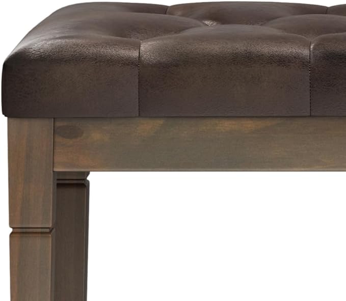 SIMPLIHOME Waverly 48 inch Wide Traditional Rectangle Tufted Ottoman Bench in Distressed Brown Vegan Faux Leather, Assembled, For the Living Room and Bedroom