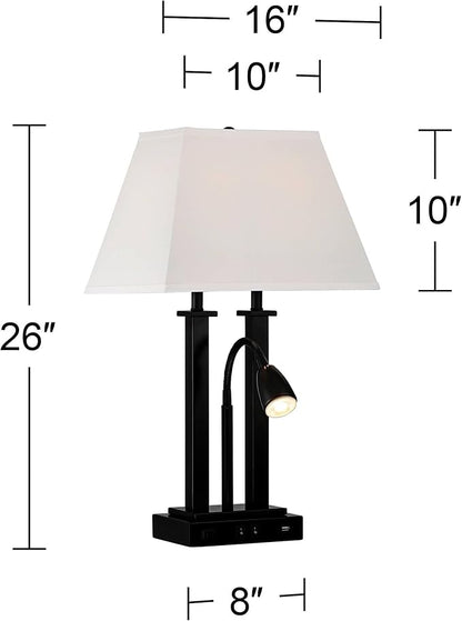Possini Euro Design Deacon 26" High Industrial Modern Desk Lamps Set of 2 USB Port AC Power Outlet Gooseneck Black Metal Oatmeal Shade Home Office Living Room Charging Bedroom Bedside Nightstand