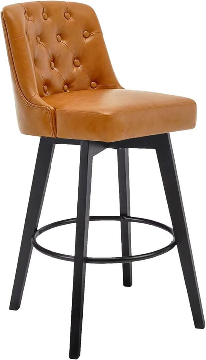 MINCETA Bar Stool, PU Leather Barstool, 26 Inch Upholstered Counter Stool with Low Tufted Back and Footrest, Swivel Counter Height Barstool for Kitchen Island Home Bar Brown