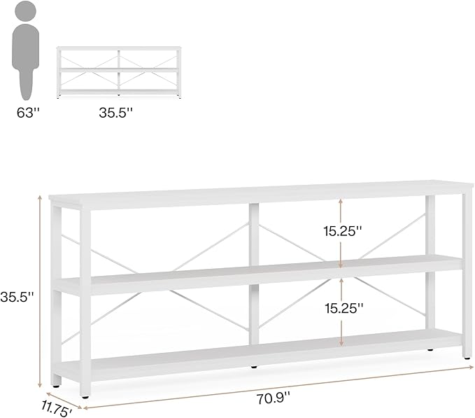 Tribesigns 70.9-Inch Extra Long Console Table, 3-Tier Industrial Sofa Table with Metal Frame, Modern Behind Couch Table with Storage Shelves for Living Room Entryway Hallway Foyer (White)