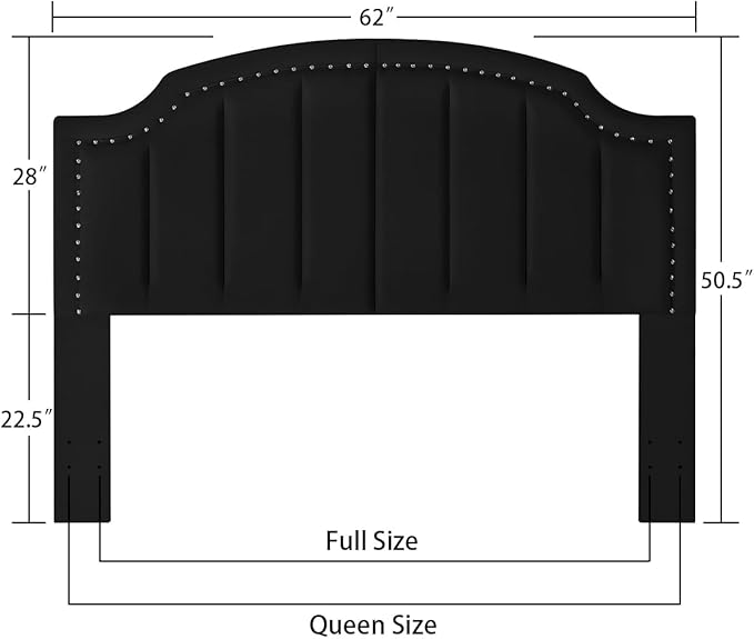 24KF Velvet Fabric Upholstered Queen/Full Headboard with Nail Trims,Modern Vertical Channel Design with Curved Headboard, 6052-Q-Black