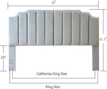 24KF Steel Gray Velvet Tufted King Upholstered Headboard, Modern Vertical Channel Design California King Headboard with Stepped Silhouette Top Edge, Steel Gray