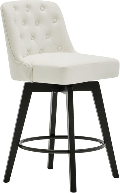 MINCETA Bar Stool, PU Leather Barstool, 26 Inch Upholstered Counter Stool with Low Tufted Back and Footrest, Swivel Counter Height Barstool for Kitchen Island Home Bar White