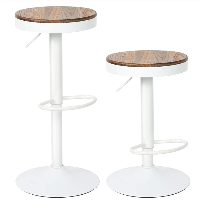 Kidol & Shellder White Bar Stools Set of 6 Adjustable Swivel Backless Barstools Modern Round Counter Height Stools Wooden Seat Armless Bar Chairs for Kitchen Island, Cafe, Dining Room