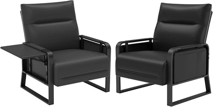 Faux Leather Accent Chairs Set of 2 with Flip Up Tray Tables Soft Backrest for Living Room Office Bedroom Modern Accent Chairs, Black