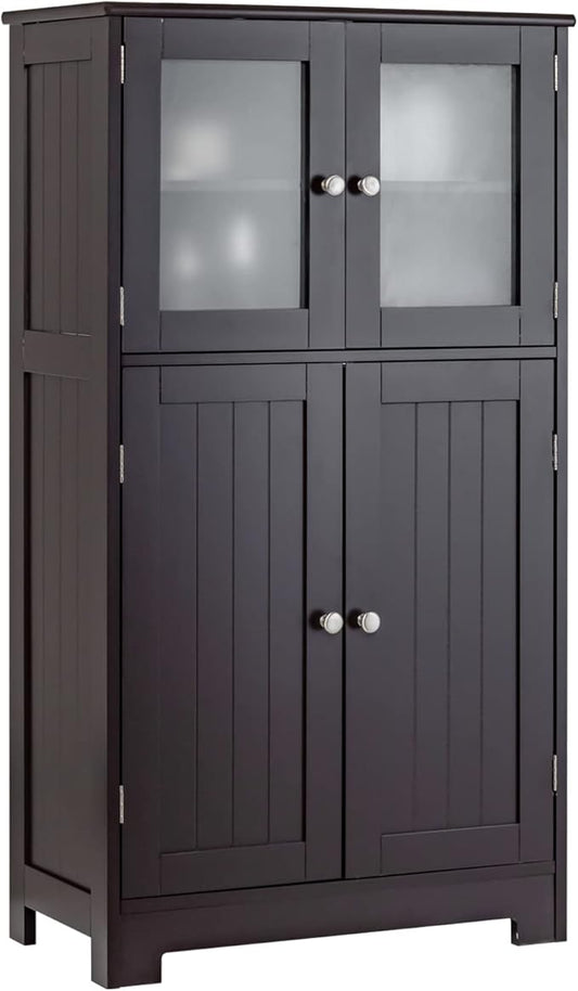 LOKO Bathroom Floor Cabinet, Storage Organizer with Glass Doors, Wooden Kitchen Cupboard with Adjustable Shelf, Versatile Floor Storage Cabinet for Bathroom, Living Room & Kitchen (Brown)