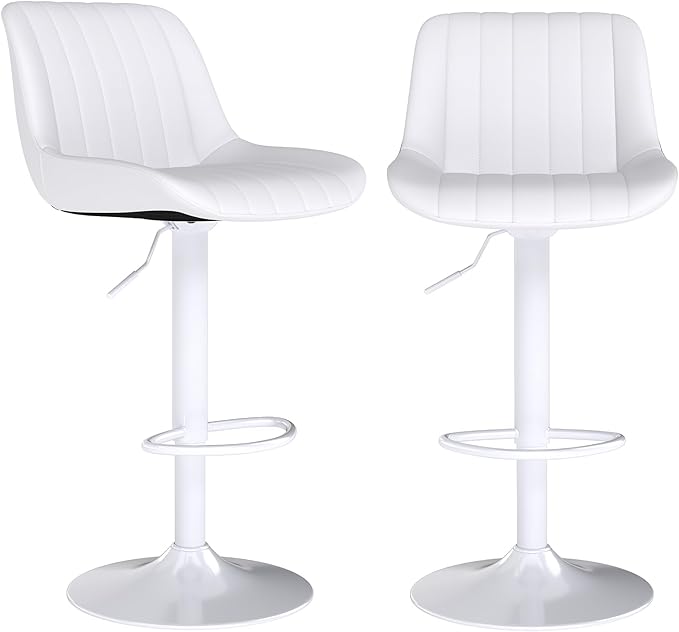 Youhauchair Bar Stools Set of 2, Swivel Counter Height Barstools with Back, Adjustable PU Leather Bar Chairs, Modern Armless Kitchen Island Stool, White