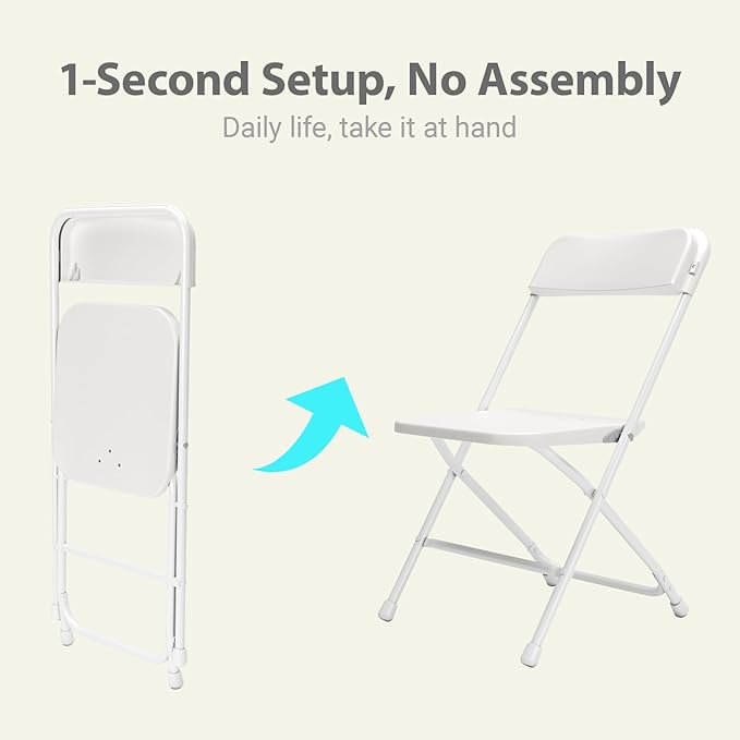 50 Pack Folding Chairs, Heavy Duty White Plastic Stackable Event Chairs for Indoor Outdoor, 350lb Capacity Portable Commercial Banquet Chairs for Wedding, Party, Office