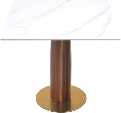 Sintered Stone Square Office Table - Meeting Desk for Small Offices (Walnut‌ Leg and White Top, 1 Table Only)