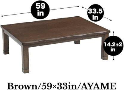 BJDesign Kotatsu - Japanese Heated Table - Wooden Chabudai Furniture with 120V Electric Heater - Low-Lying Dining and Work Desk with Temperature Control Knob (59x33in, Brown)