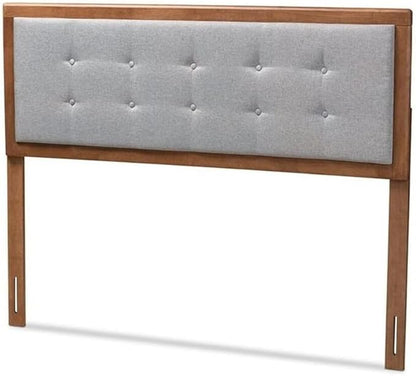 Mid-Century Marvel Fabric Upholstered Walnut Brown Finished Wood Headboard, Wall Mount Headboard King/Light Gray
