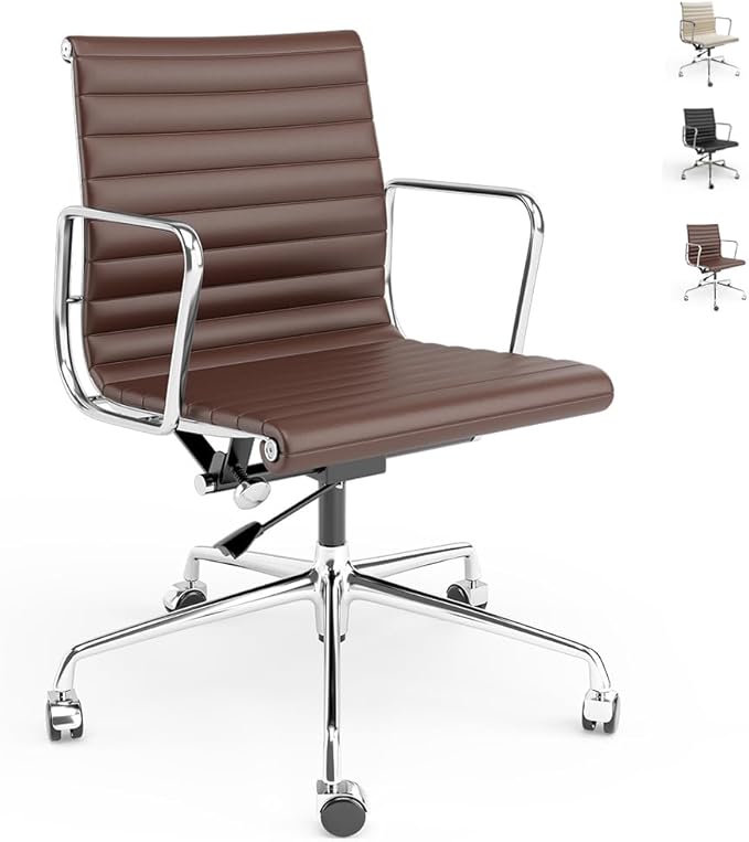 Ribbed Office Chair Top Grain Leather Desk Chair Mid Back Genuine Leather Swivel Chairs with Aluminum Alloy Arms & Base, with Silent Wheels, High Adjustable and Tilting Function,Brown