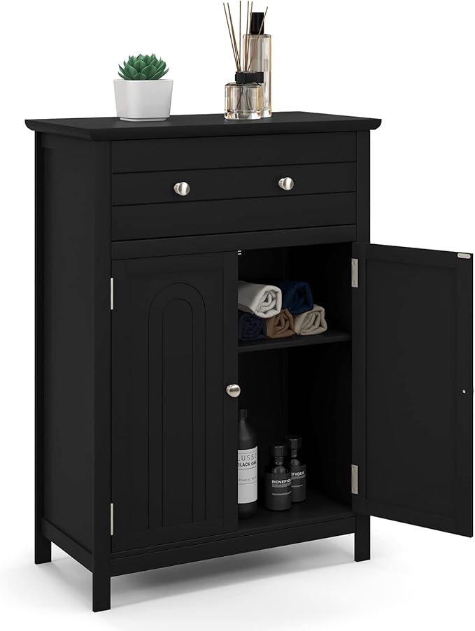LOKO Bathroom Floor Cabinet, Kitchen Storage Cabinet with 1 Drawer, 2 Doors & 3-Position Adjustable Shelf, 2-Door Floor Storage Cabinet for Bathroom, Living Room, Entryway (Black)