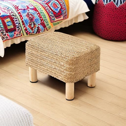 Ottoman Foot Stool Rectangular Footrest Natural Seagrass Footstool with Wooden Legs Hand Weave Multifunctional Modern Dressing Stool, Sofa Side Table for Bedroom for Living Room (Nature)